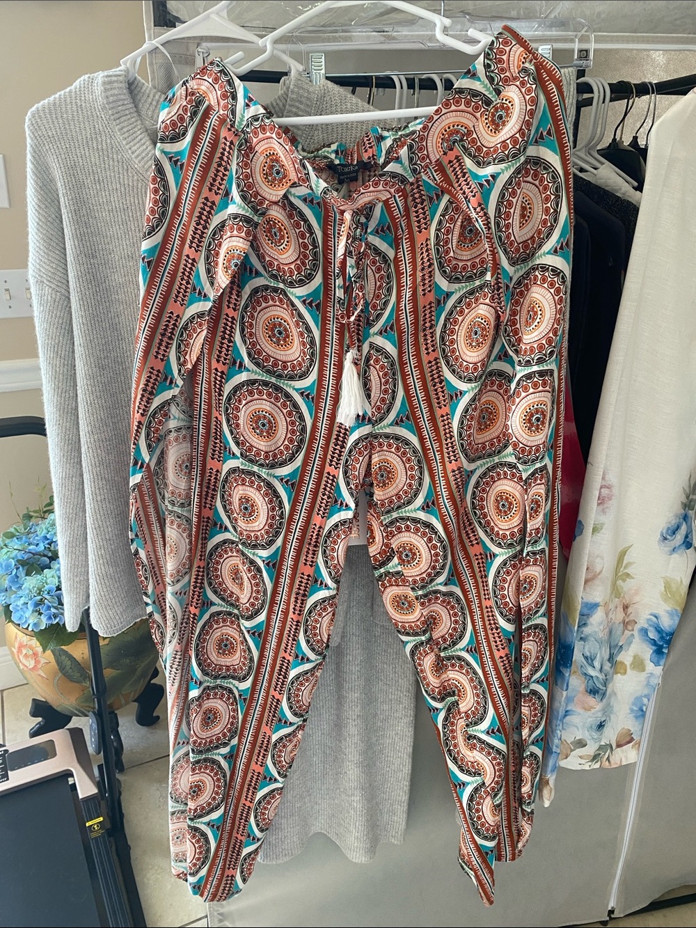 Printed Wide Leg Boho open leg Pants - Turquoise & Rust